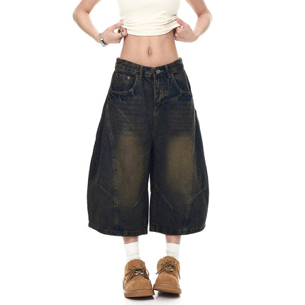 TALKLESSFASHION BLACKLISTS American retro deconstructed silhouette washed scimitar denim shorts cropped wide-leg cropped pants for men and women