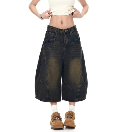 TALKLESSFASHION BLACKLISTS American retro deconstructed silhouette washed scimitar denim shorts cropped wide-leg cropped pants for men and women
