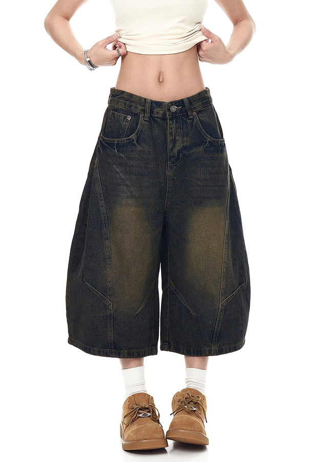 TALKLESSFASHION BLACKLISTS American retro deconstructed silhouette washed scimitar denim shorts cropped wide-leg cropped pants for men and women