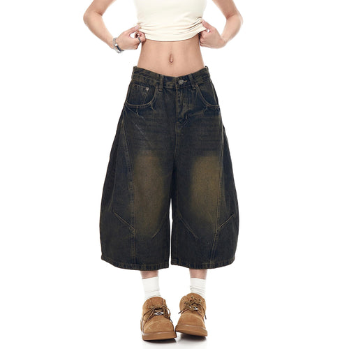 THETLSTUDIO BLACKLISTS American retro deconstructed silhouette washed scimitar denim shorts cropped wide-leg cropped pants for men and women