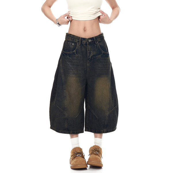 Washed Deconstructed Scimitar Denim Shorts