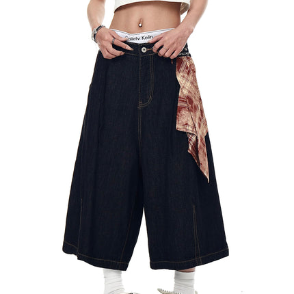 TALKLESSFASHION BLACKLISTS American Retro Detachable Square Scarf Natural Color Denim Shorts Men's and Women's Straight Wide-Leg Cropped Pants Summer