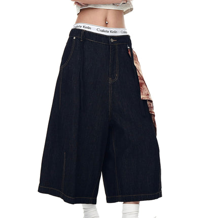 TALKLESSFASHION BLACKLISTS American Retro Detachable Square Scarf Natural Color Denim Shorts Men's and Women's Straight Wide-Leg Cropped Pants Summer
