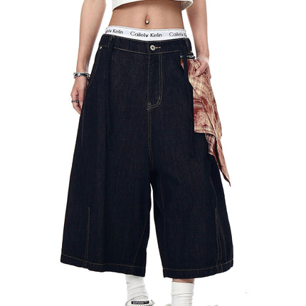 TALKLESSFASHION BLACKLISTS American Retro Detachable Square Scarf Natural Color Denim Shorts Men's and Women's Straight Wide-Leg Cropped Pants Summer