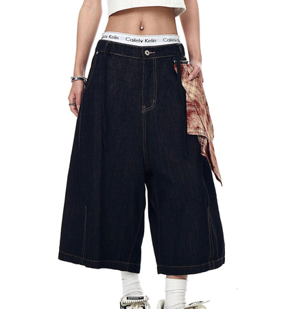 THETLSTUDIO BLACKLISTS American Retro Detachable Square Scarf Natural Color Denim Shorts Men's and Women's Straight Wide-Leg Cropped Pants Summer