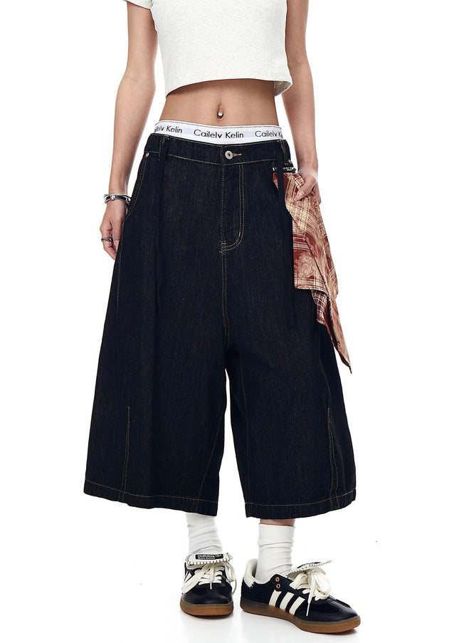 TALKLESSFASHION BLACKLISTS American Retro Detachable Square Scarf Natural Color Denim Shorts Men's and Women's Straight Wide-Leg Cropped Pants Summer