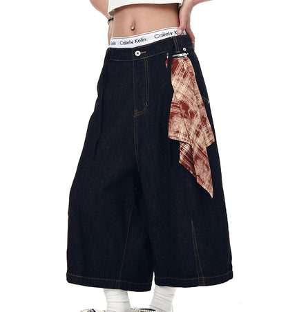 THETLSTUDIO BLACKLISTS American Retro Detachable Square Scarf Natural Color Denim Shorts Men's and Women's Straight Wide-Leg Cropped Pants Summer