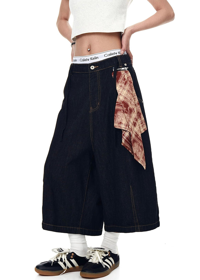 TALKLESSFASHION BLACKLISTS American Retro Detachable Square Scarf Natural Color Denim Shorts Men's and Women's Straight Wide-Leg Cropped Pants Summer