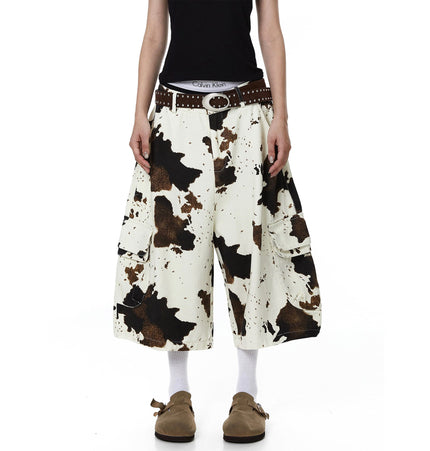 THETLSTUDIO BLACKLISTS American vintage distressed cow print camouflage workwear cropped pants men's and women's scimitar wide-leg shorts summer
