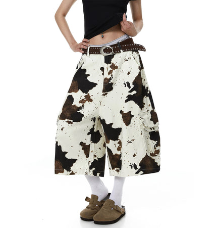 THETLSTUDIO BLACKLISTS American vintage distressed cow print camouflage workwear cropped pants men's and women's scimitar wide-leg shorts summer