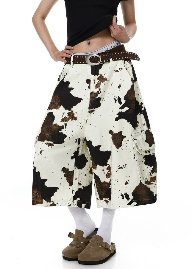 TALKLESSFASHION BLACKLISTS American vintage distressed cow print camouflage workwear cropped pants men's and women's scimitar wide-leg shorts summer