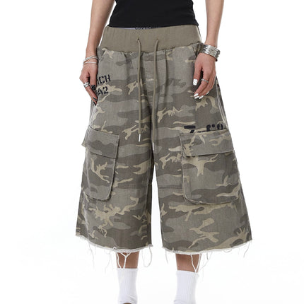 TALKLESSFASHION Camo Fringe Cropped Cargo Shorts