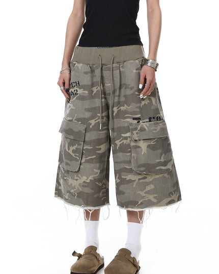 TALKLESSFASHION Camo Fringe Cropped Cargo Shorts