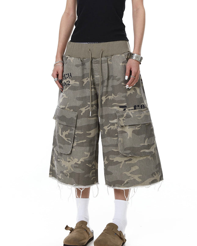 TALKLESSFASHION Camo Fringe Cropped Cargo Shorts