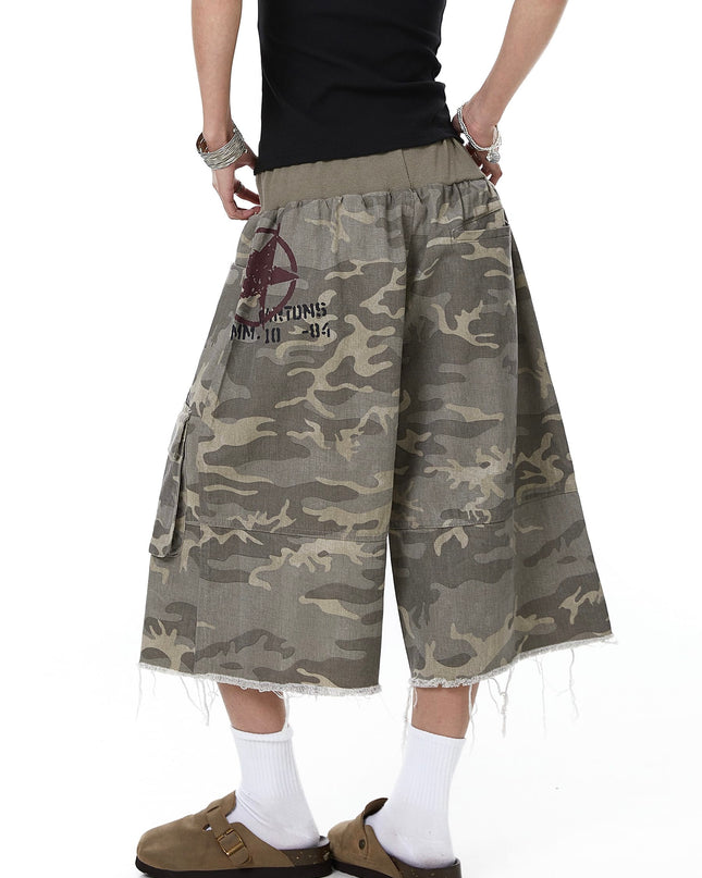 TALKLESSFASHION Camo Fringe Cropped Cargo Shorts