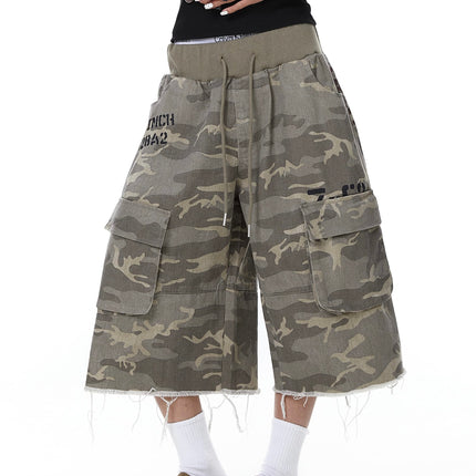 TALKLESSFASHION Camo Fringe Cropped Cargo Shorts