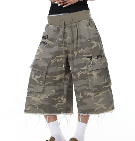 TALKLESSFASHION Camo Fringe Cropped Cargo Shorts