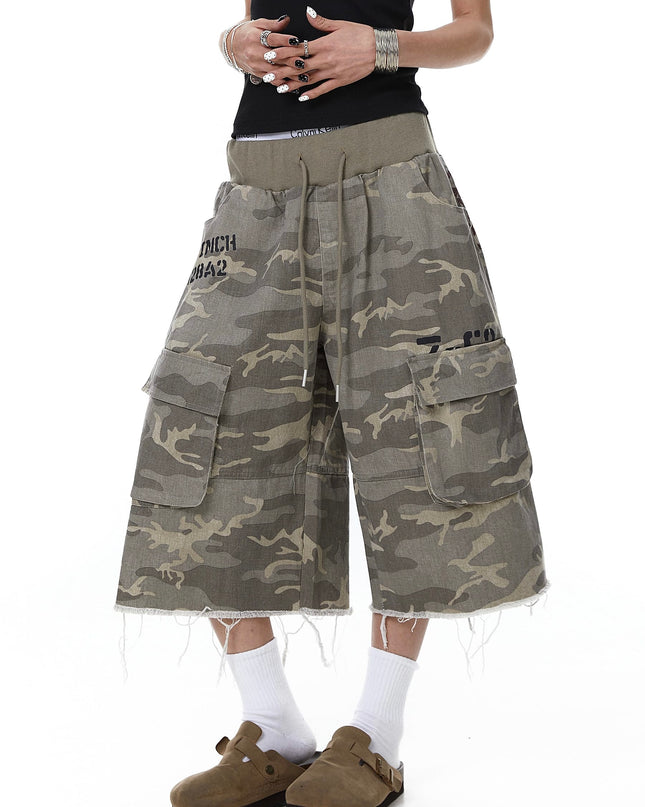 TALKLESSFASHION Camo Fringe Cropped Cargo Shorts