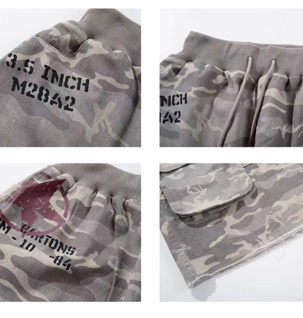 TALKLESSFASHION Camo Fringe Cropped Cargo Shorts