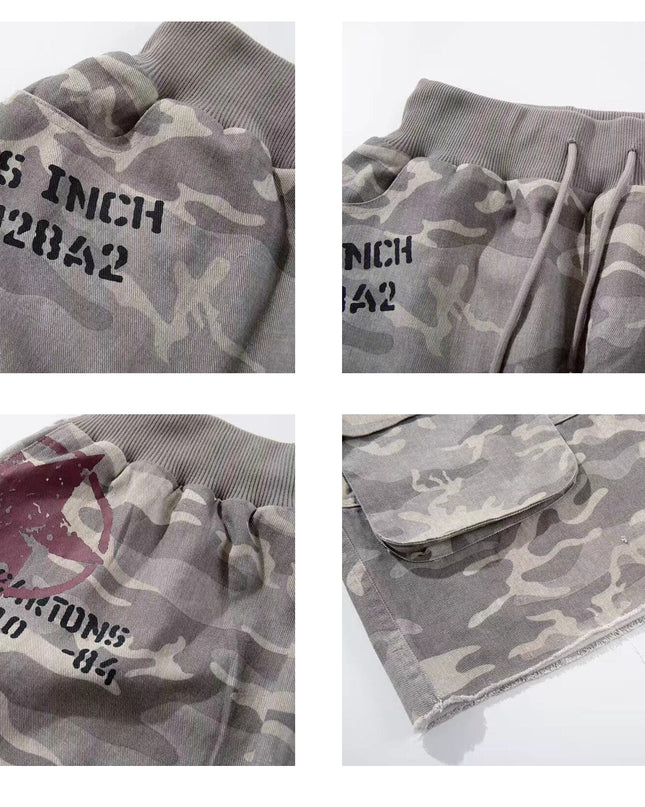 TALKLESSFASHION Camo Fringe Cropped Cargo Shorts