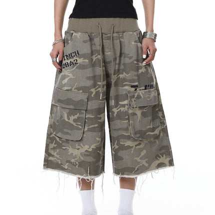 TALKLESSFASHION Camo Fringe Cropped Cargo Shorts