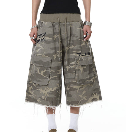 TALKLESSFASHION Camo Fringe Cropped Cargo Shorts