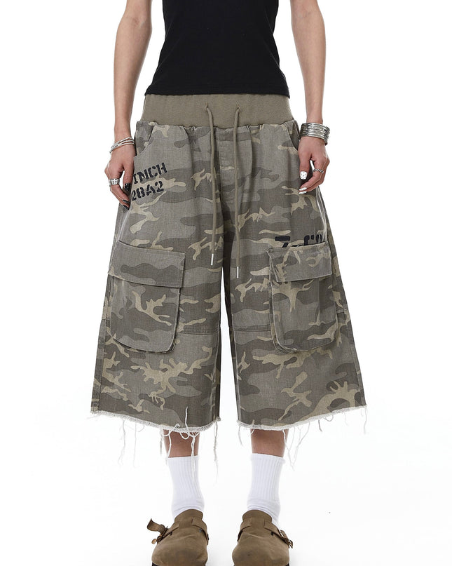 TALKLESSFASHION Camo Fringe Cropped Cargo Shorts