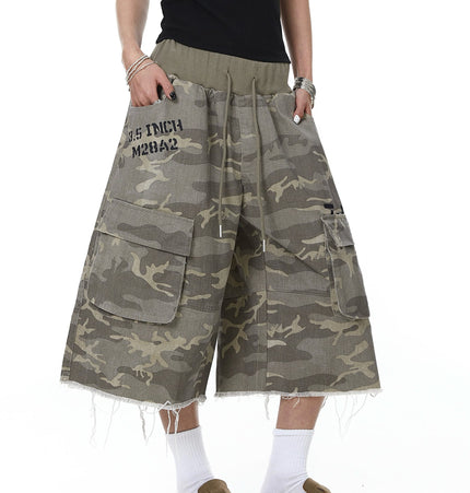 TALKLESSFASHION Camo Fringe Cropped Cargo Shorts