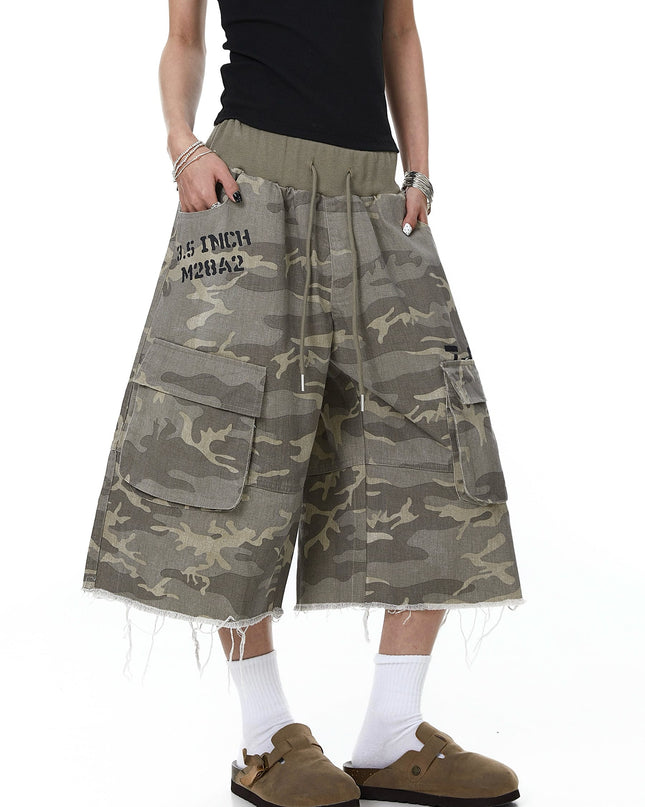 TALKLESSFASHION Camo Fringe Cropped Cargo Shorts
