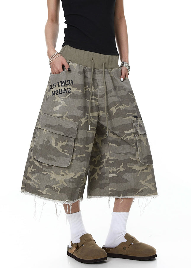 TALKLESSFASHION Camo Fringe Cropped Cargo Shorts