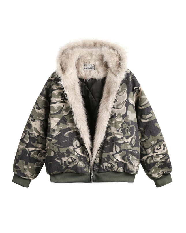 TALKLESSFASHION Camo Fur Collar Padded Jacket