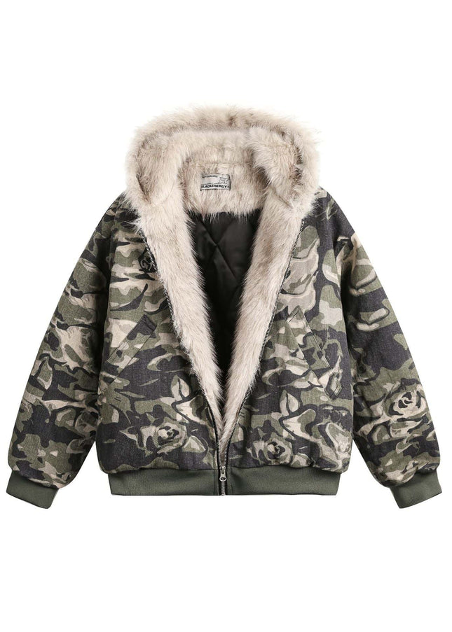 TALKLESSFASHION Camo Fur Collar Padded Jacket