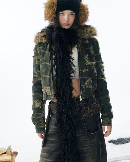 TALKLESSFASHION Camo Wash Detachable Fur Jacket