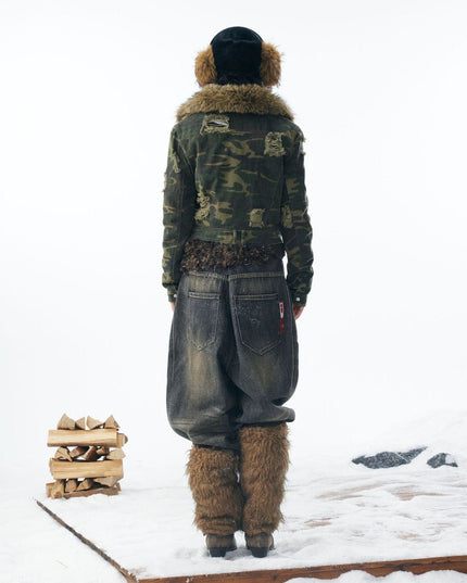 TALKLESSFASHION Camo Wash Detachable Fur Jacket