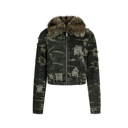 TALKLESSFASHION Camo Wash Detachable Fur Jacket