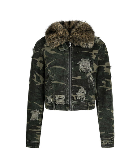 TALKLESSFASHION Camo Wash Detachable Fur Jacket