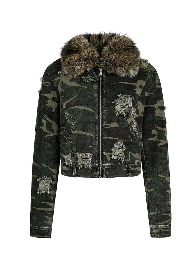 TALKLESSFASHION Camo Wash Detachable Fur Jacket