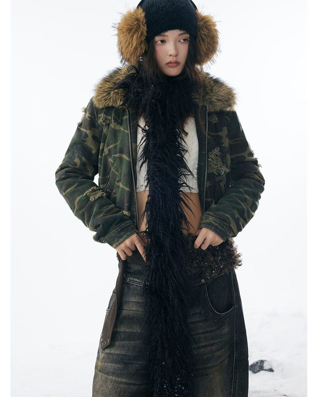 TALKLESSFASHION Camo Wash Detachable Fur Jacket