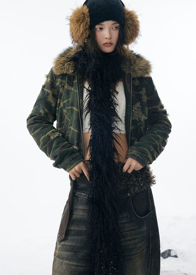 TALKLESSFASHION Camo Wash Detachable Fur Jacket