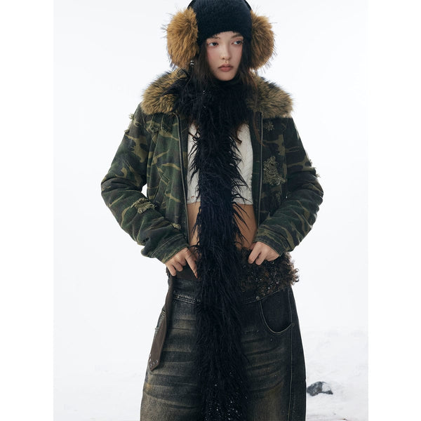 Camo Wash Detachable Fur Jacket