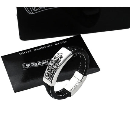 TALKLESSFASHION CH Croling Crusader Flower Leather Bracelet Thai Silver Personality Cross Bracelet Vintage Old Men and Women Couple Bracelet