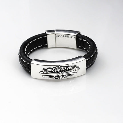 TALKLESSFASHION CH Croling Crusader Flower Leather Bracelet Thai Silver Personality Cross Bracelet Vintage Old Men and Women Couple Bracelet