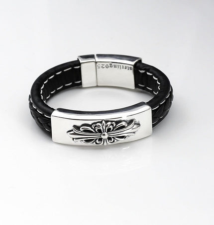 TALKLESSFASHION CH Croling Crusader Flower Leather Bracelet Thai Silver Personality Cross Bracelet Vintage Old Men and Women Couple Bracelet