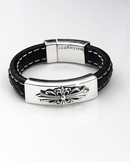 TALKLESSFASHION CH Croling Crusader Flower Leather Bracelet Thai Silver Personality Cross Bracelet Vintage Old Men and Women Couple Bracelet