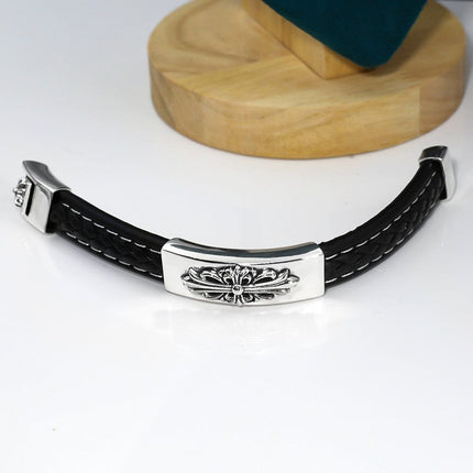 TALKLESSFASHION CH Croling Crusader Flower Leather Bracelet Thai Silver Personality Cross Bracelet Vintage Old Men and Women Couple Bracelet