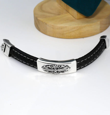 TALKLESSFASHION CH Croling Crusader Flower Leather Bracelet Thai Silver Personality Cross Bracelet Vintage Old Men and Women Couple Bracelet
