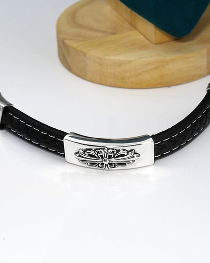 TALKLESSFASHION CH Croling Crusader Flower Leather Bracelet Thai Silver Personality Cross Bracelet Vintage Old Men and Women Couple Bracelet