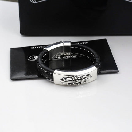 TALKLESSFASHION CH Croling Crusader Flower Leather Bracelet Thai Silver Personality Cross Bracelet Vintage Old Men and Women Couple Bracelet