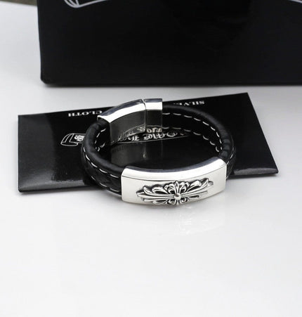 TALKLESSFASHION CH Croling Crusader Flower Leather Bracelet Thai Silver Personality Cross Bracelet Vintage Old Men and Women Couple Bracelet