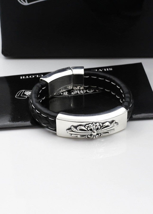 TALKLESSFASHION CH Croling Crusader Flower Leather Bracelet Thai Silver Personality Cross Bracelet Vintage Old Men and Women Couple Bracelet